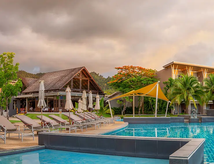 summer-resort-hotel Summer resort at sunset