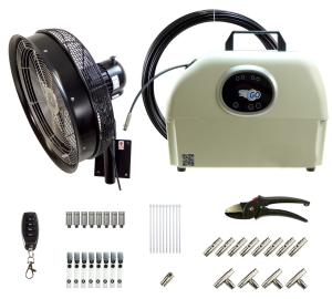 DIY Mist n Go Pump w/ 8 Nozzle Mist Line Kit and 18 Inch Outdoor Rated Fan Bundle